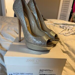 Jimmy Choo Gold Glitter Peep-Toe Heels